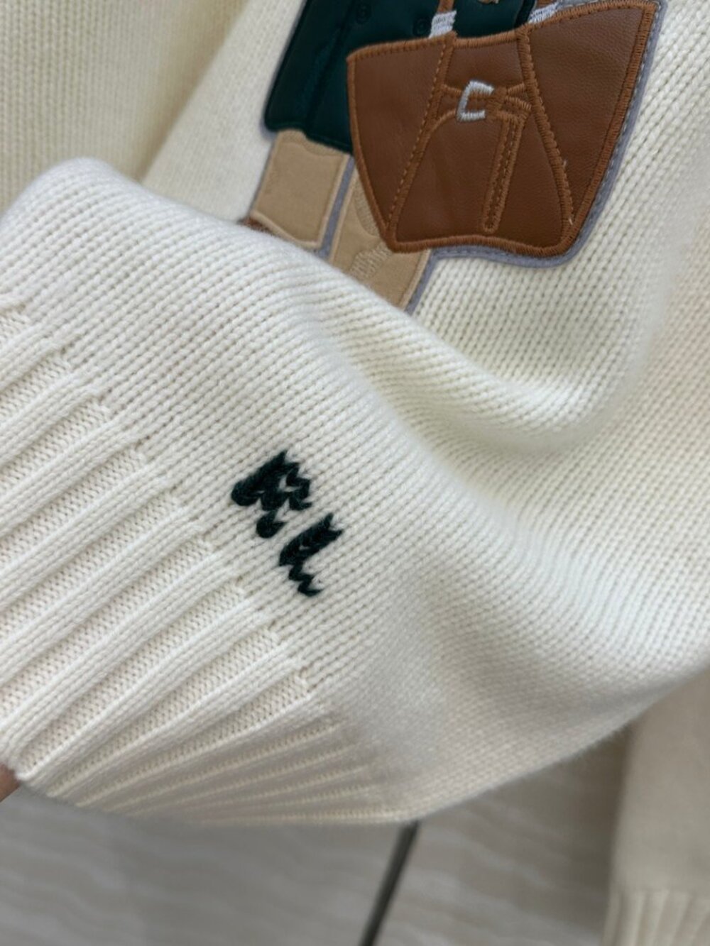 Polo Ralph Lauren Cream White Fancy Trench Coat Bear Embroidery Crewneck Sweater - Picture 7 of 7